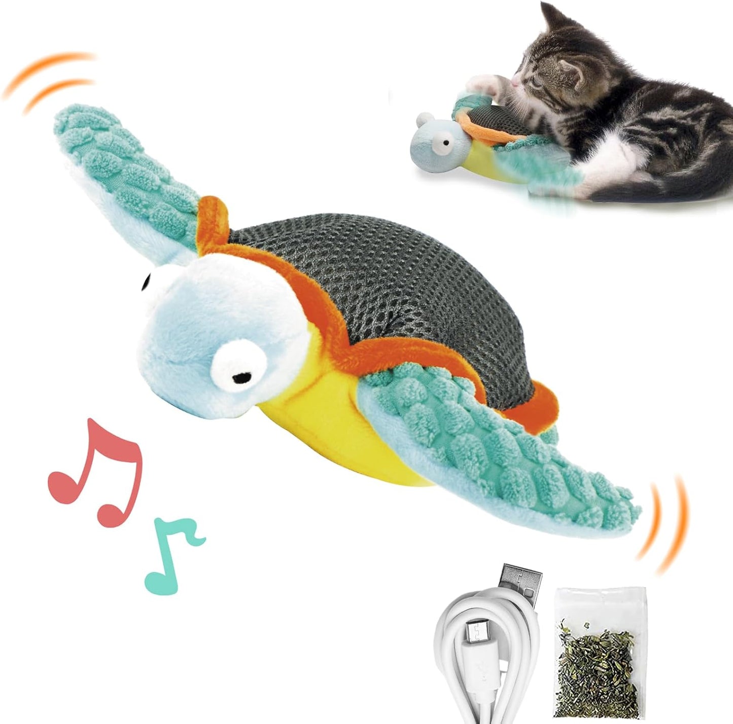Cat Toys, Flapping Fins Cute Turtle, No Flying, Chirping Bird Interactive Catnip Toy for Kitten or Small Dogs, Touch Activated, Rechargable