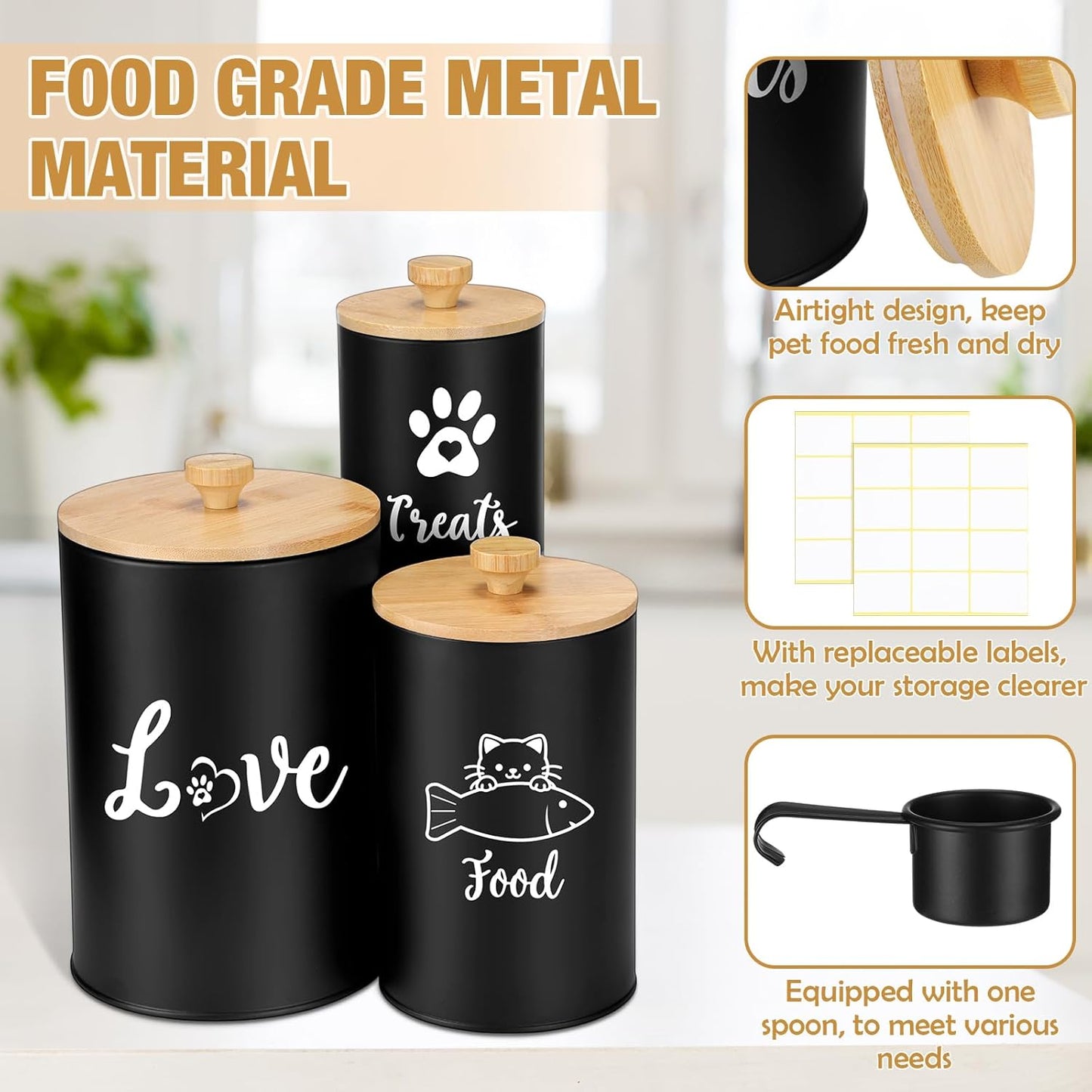Metal Airtight Cat Treat Container Set of 3 with Bamboo Lids and Spoon Cat Food Storage Container with DIY Labels Pen Pet Cookie Snack Food Storage Organizer Jars for Kitchen Counter(Black)