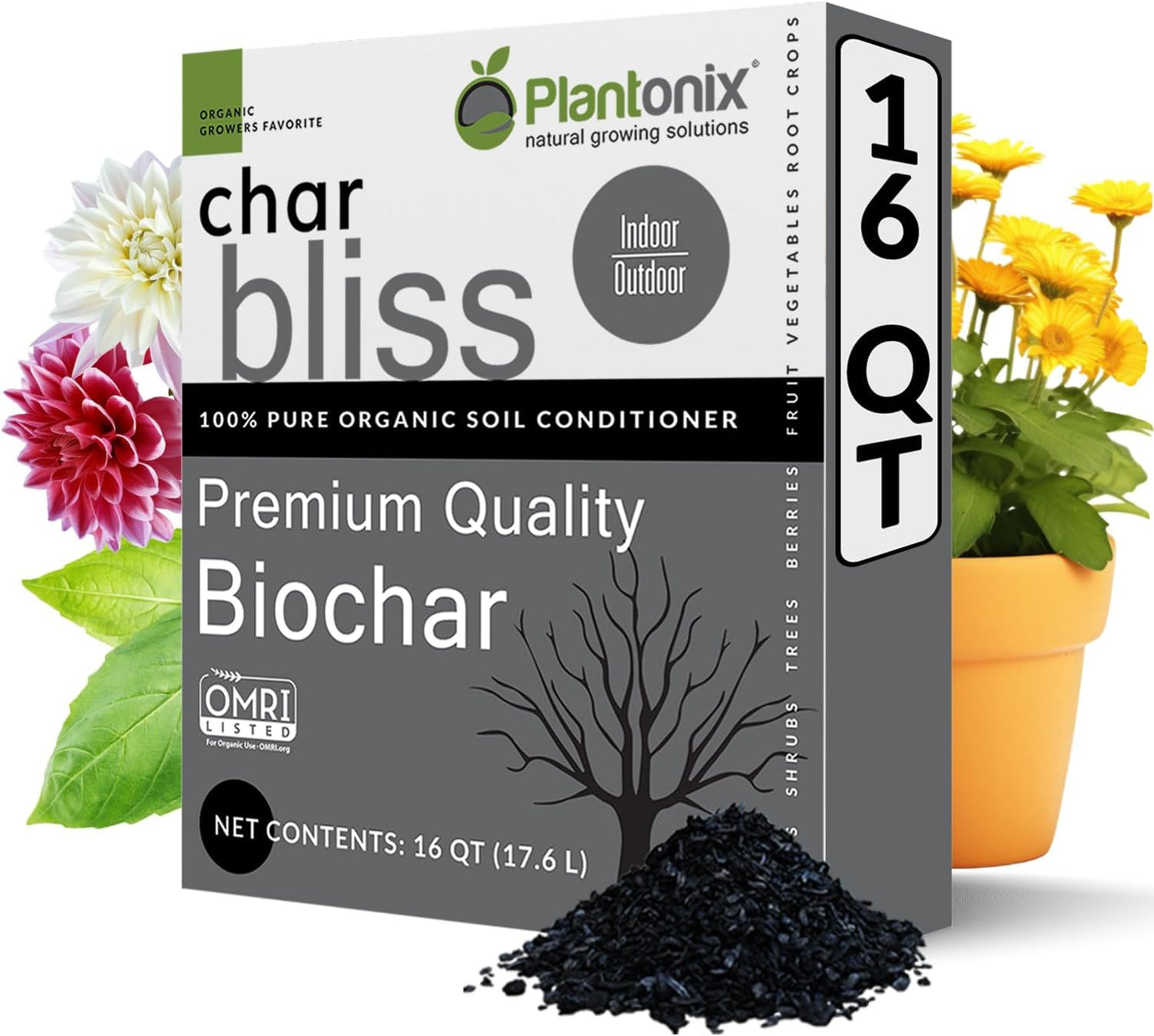Char Bliss (16 Qts) - Organic Biochar for Plants - OMRI-Listed Biochar Soil Amendment Organic - Bio Char for Plants - Horticultural Charcoal for Plants, Potting Soil, Garden Soil, & Potting Mixes
