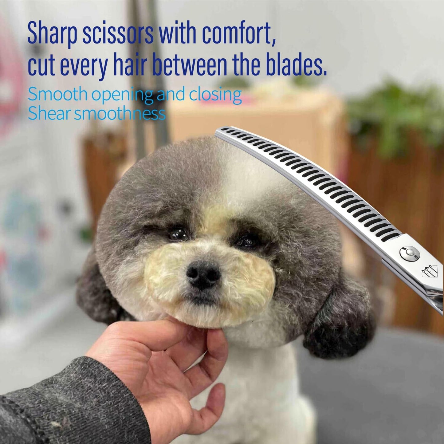 Professional Dog Grooming Scissors, 85% Thinning Rate, 25° Curved Blade, JP440C Steel, 7.0" Ergonomic Handle