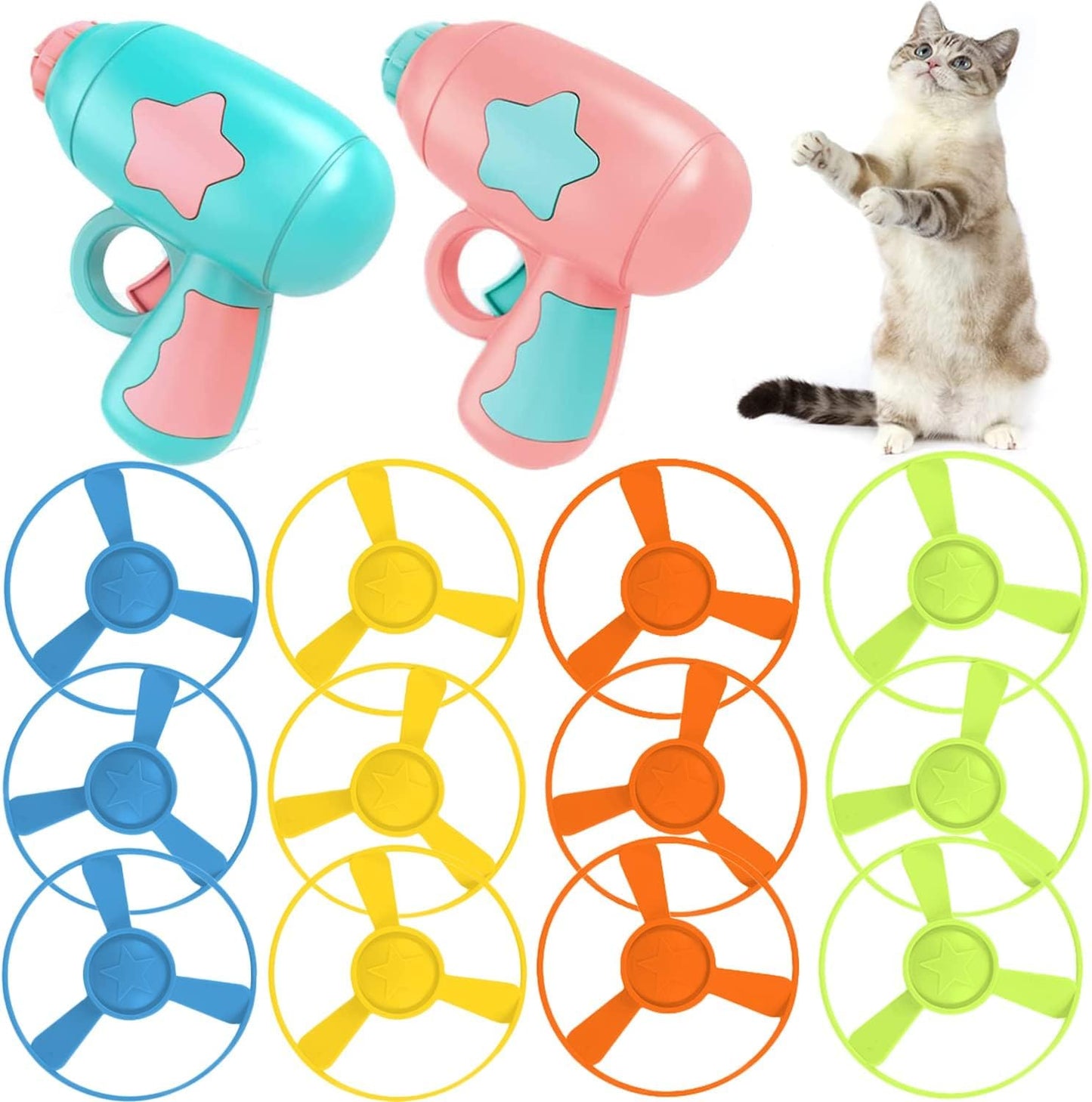 LAPOHI 14 PCS Cat Fetch Toy with Colorful Flying Propellers Set, Cat Playing Tracking Interactive Toys for Kitten Chasing Training Hunting