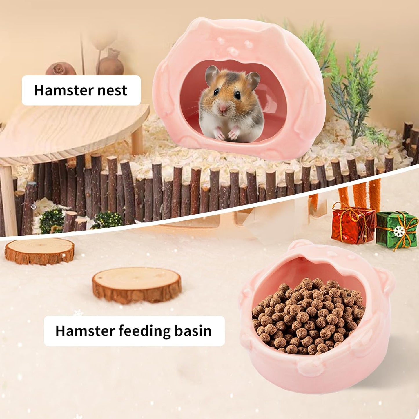 Bear-Shaped Hamster Hideout & Food Bowl Set - Ceramic Habitat for Syrian Dwarf Hamsters, Mice, Gerbils - All-Season Use, Chew-Proof Ceramic House and Feeding Dish for Small Pets(Pink)