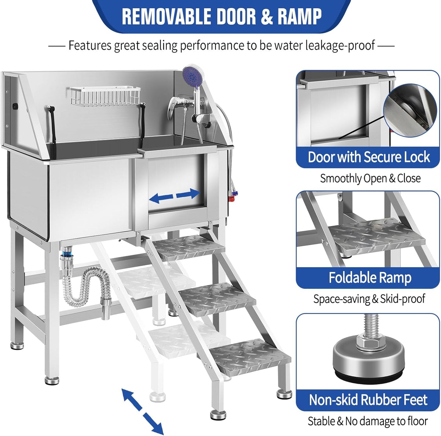 Professional Stainless Steel Dog Grooming Bathtub Station Wash Shower Sink with Faucet Walk-in Ramp and Accessories Pet Grooming Bathtub Station,34" R-RAMP