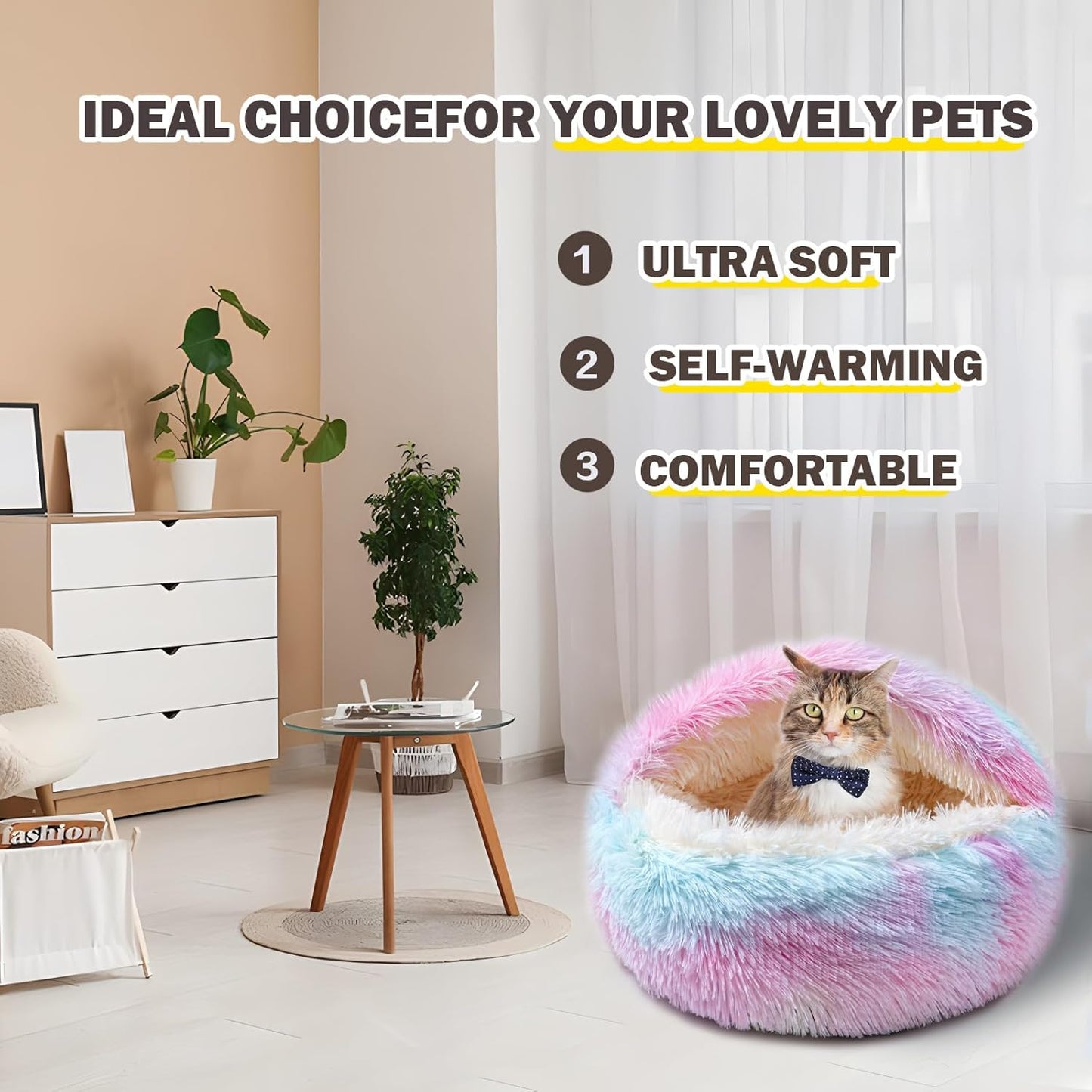 Cat Bed for Indoor Cats, Calming Cozy Cave with Self-Warming Plush, Entire Bed Machine Washable & Anti-Slip Base, Breathable Pet Bed for Small Cats&Dogs All Seasons (Dazzling Colors, 24 * 24inch)