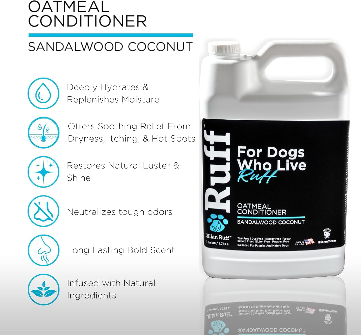 Ruff by Lillian Ruff Sandalwood Coconut Oatmeal Conditioner for Dogs – Moisturize & Soothe Dry Itchy Skin, Promote Healthy Coat, Tear-Free, Sulfate-Free, Paraben-Free, Made in USA (Gallon with Pump)