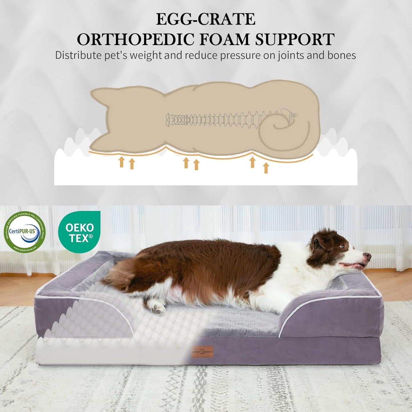 Comfort Expression Large Dog Beds Waterproof Comfy Pet Bed for Dogs Sofa, Orthopedic Foam Dog Beds with Washable Removable Cover & Non-Slip Bottom(Large,Purple)