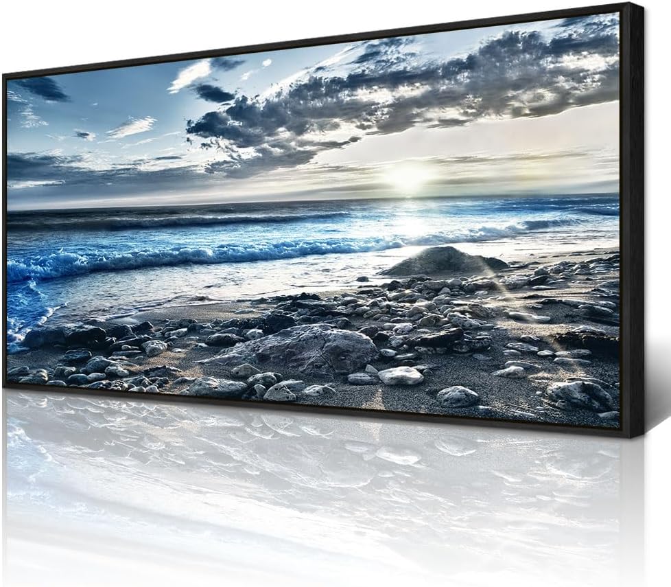 Wapluam Wall Decorations For Living Room Large Canvas Prints Wall Art For Bedroom Office Wall Decor Scenery Wall Painting Blue Sea Pictures Artwork For Fashion Black Framed Beach Posters Home Decor