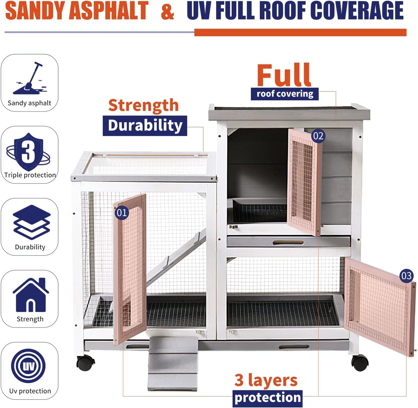 Rabbit Hutch, Indoor Rabbit Cage Two Story Bunny Hutch with Wheels Guinea Pig Cages with Removable No Leaking Tray, Ramp, Outdoor Pet House for Small Animals