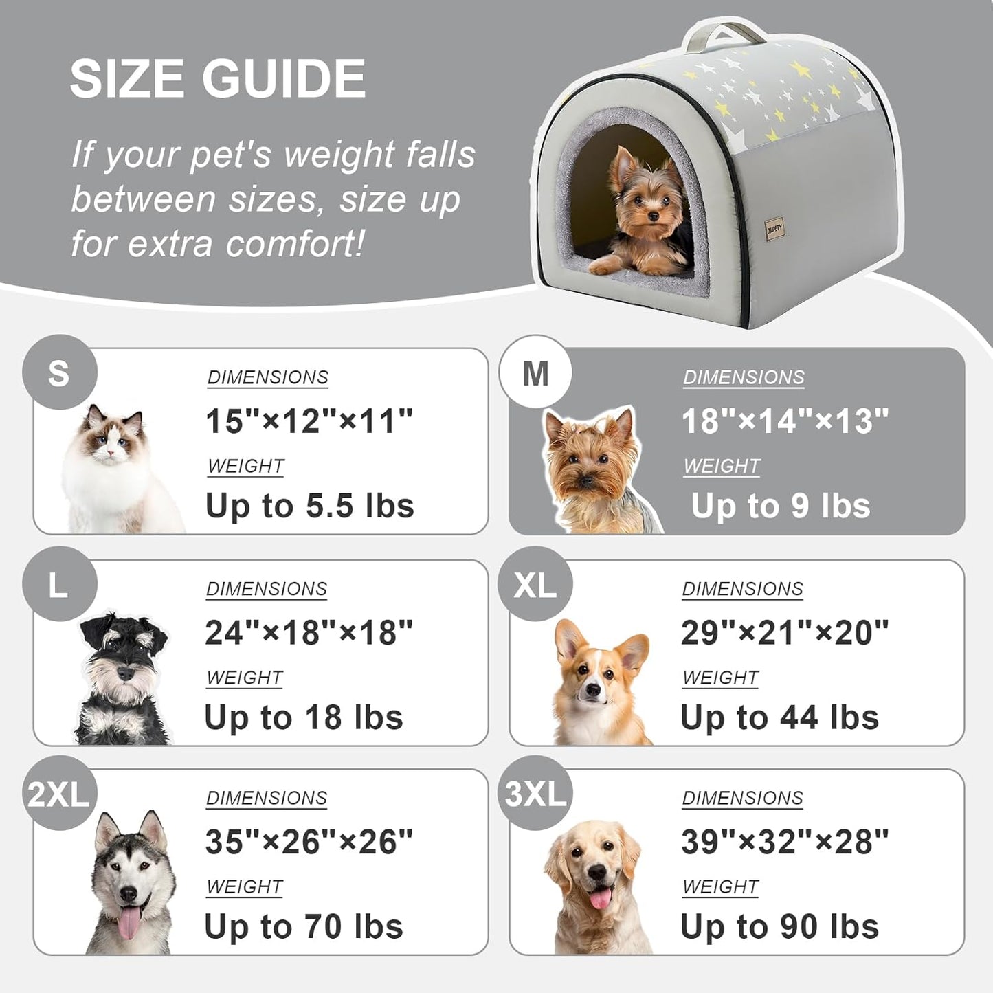 Jiupety Indoor Dog House, 2 in 1 Portable Foldable House Bed with Cover, Pet Tent & Cave Bed for Cats and Small Dogs, M(18"×14"×13"), Up to 9 Lb, Grey