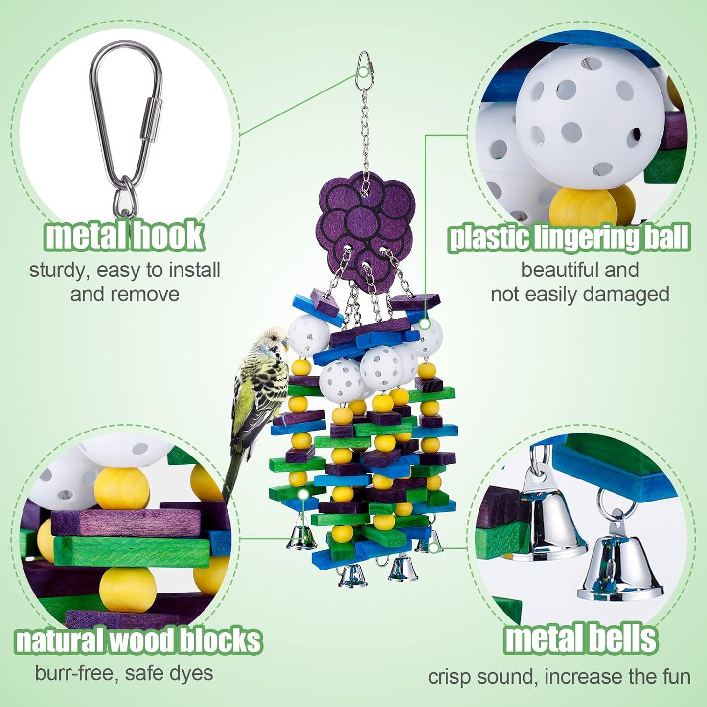 Large Bird Parrot Toys with Bells- Parrots Cage Chewing Toy Gift with Colorful Wood Blocks Beads- Bird Parrot Chewing Sticks Toys for Cockatoos African Grey Macaws and Amazon Parrots(Grape Style)