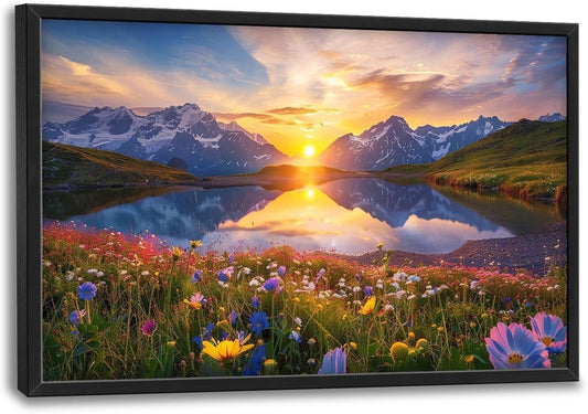 Mountain Large Wall Art Sunrise Lake Flower Field Pictures Nature Landscape Wall Decor Canvas Print Painting Artwork for Bathroom Living Room Bedroom 36L" x 24W"