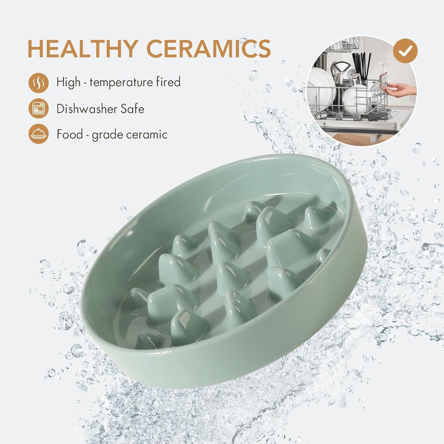 Ceramic Raised Slow Feeder Dog Bowl Set, Elevated 7.3inch Bowl and 8.2inch Slow Pet Food Dish with Wooden Stand for Medium and Large Dog (2 x Light Green+ Stand)