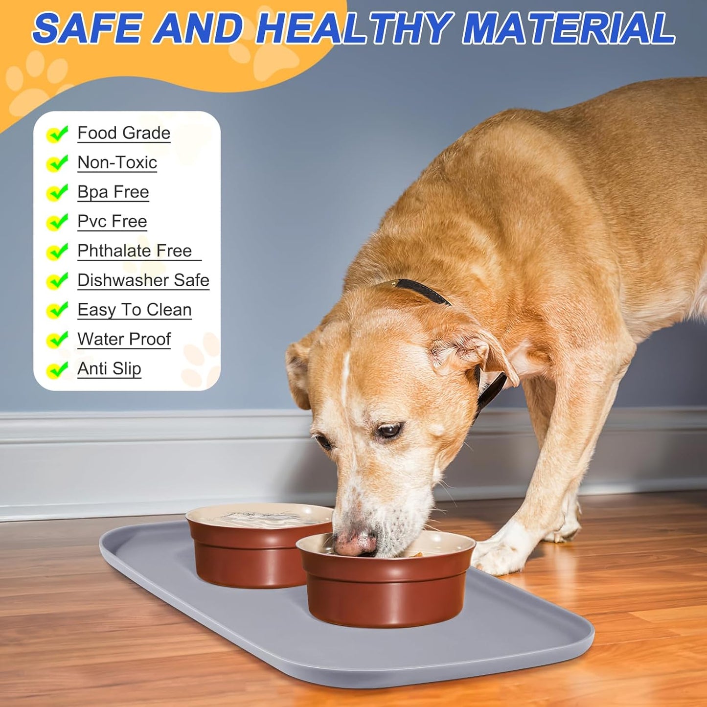 Silicone Pet Feeding Mat with Raised Edge for Food and Water, Dog Bowl Mats, Cat Bowls Placemat with High Lip for Floor Waterproof, Rubber Tray for Cats and Dogs 22 x 14 x0.8 Light Gray