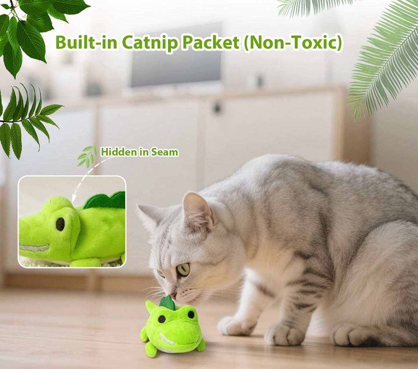 Interactive Cat Toys for Indoor Cats - Automatic Moving Cat Chase Toy for Bored Indoor Adult Cats - 360° Random Movement, Tail Wagging & Catnip Stimulation - Electric Croc(Short Plush)