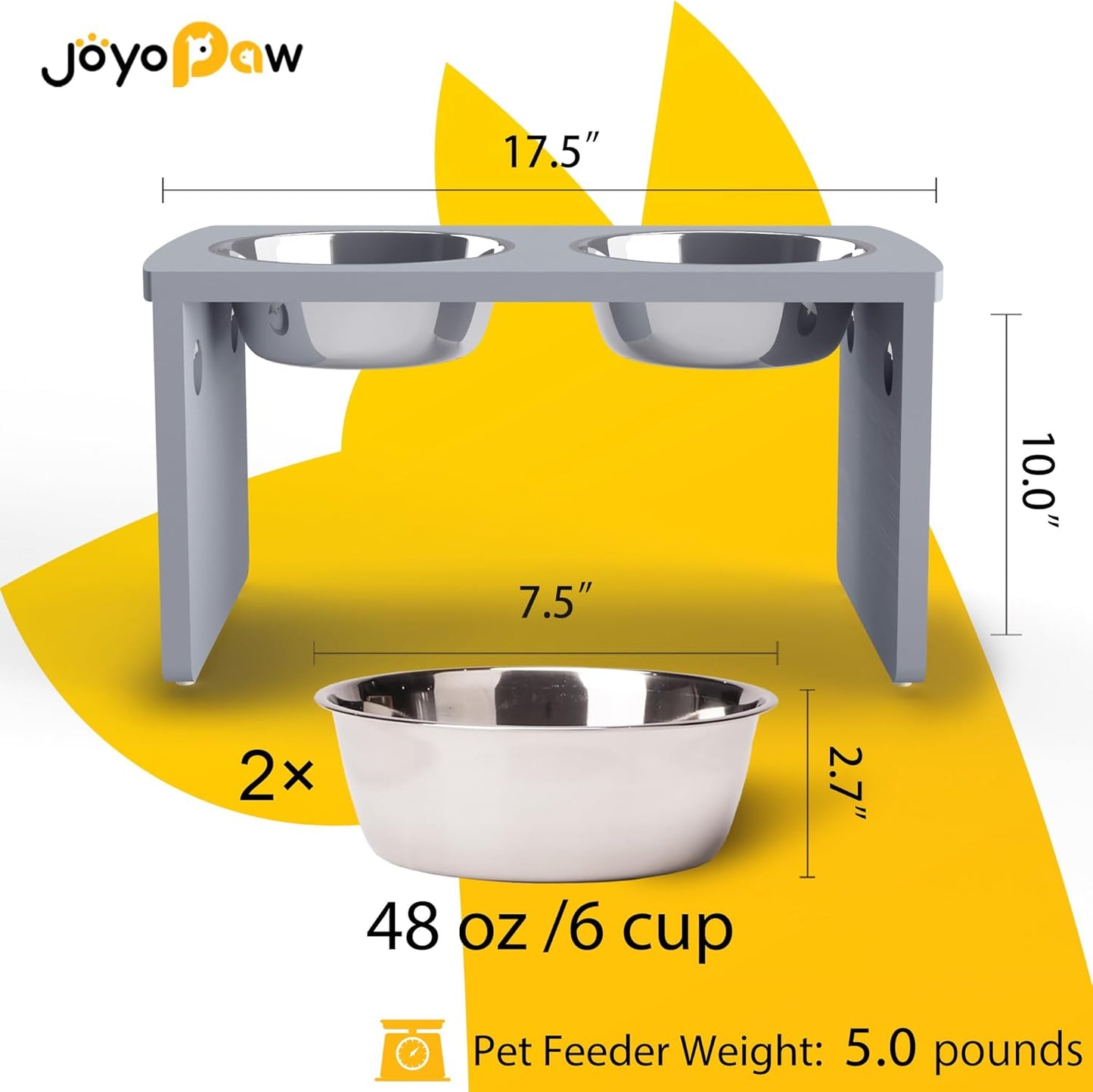 Elevated Dog Bowls, Bamboo Raised Dog Bowl for Large Dogs & Medium Dogs, with 2 Stainless Steel Bowls (10'' Tall–48 oz Bowl)