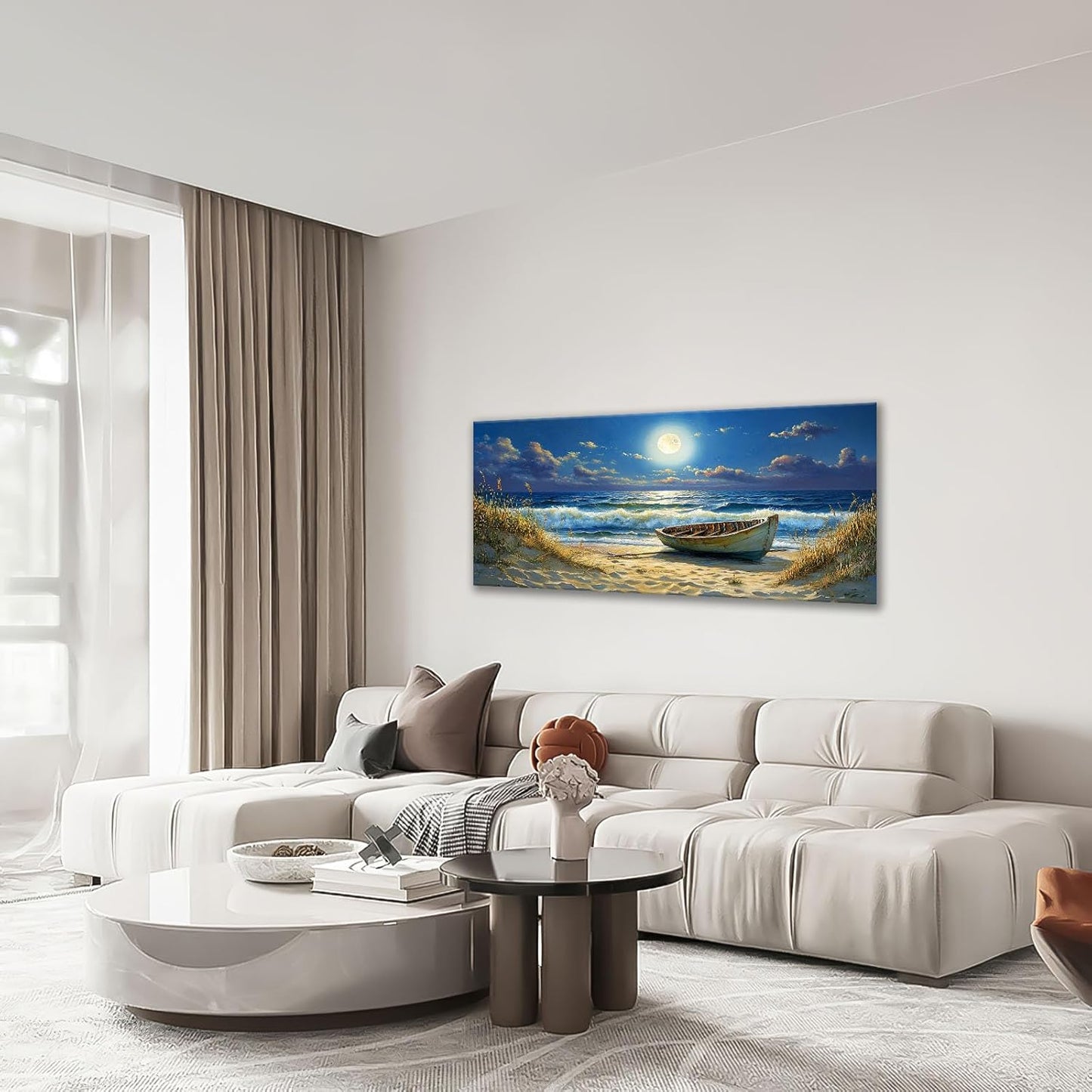 Quorin Beach Boat Large Wall Art Coastal Seaside Moonlight Pictures Nautical Wall Decor Seascape Canvas Print Painting Artwork for Bathroom Living Room Bedroom 30"x60"