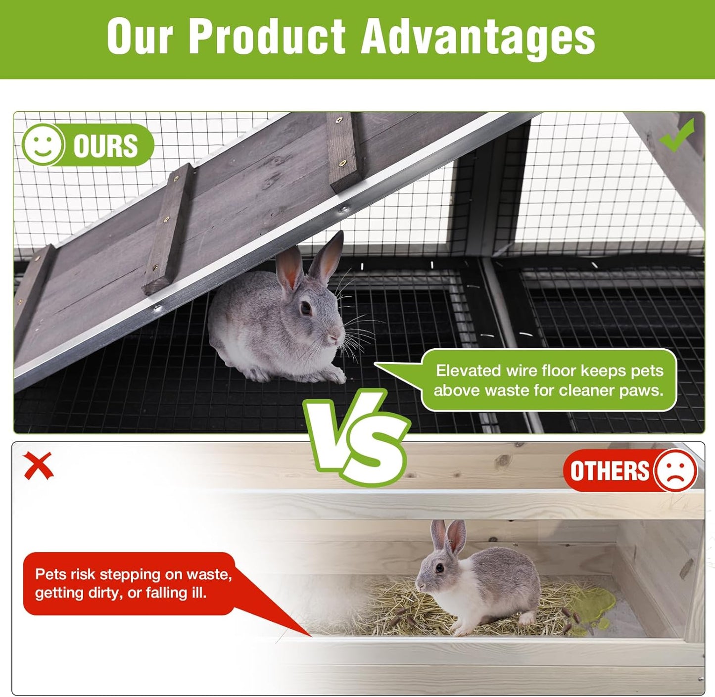 GUTINNEEN Indoor Rabbit Hutch Guinea Pig Cages with Chew-Proof Ramp, 2-Story Wooden Bunny House with Pull-Out Tray & Lockable Caster Wheels, Small Animal Cage for 2-4 Rabbits & Guinea Pigs (Grey)