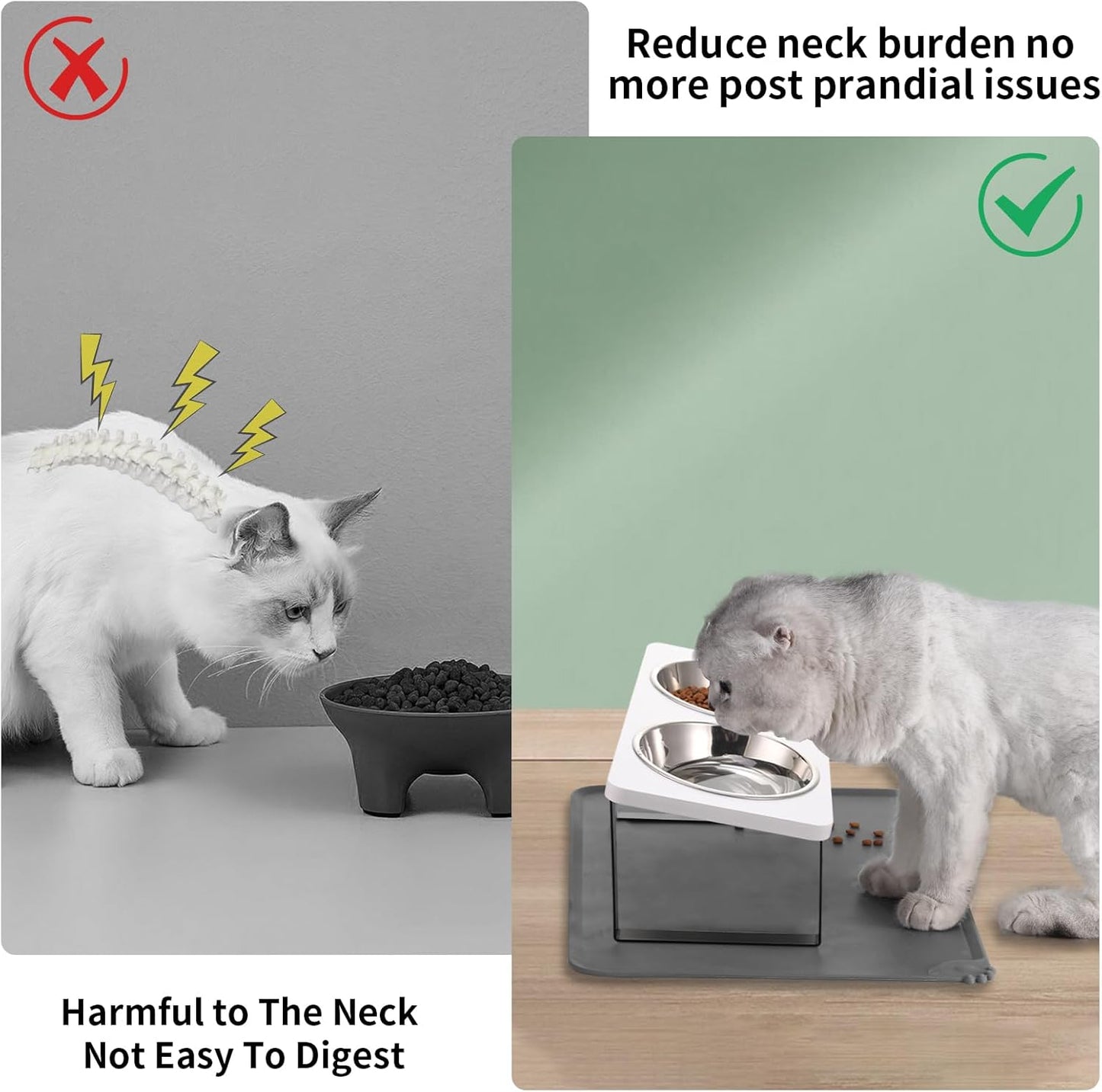 Upgraded Elevated Cat Bowls with Food Mat,15°Tilted Stand Anti Vomiting Raised Cat Dishes for Food and Water,2 Stainless Steel Bowls for Cats and Puppy（White）