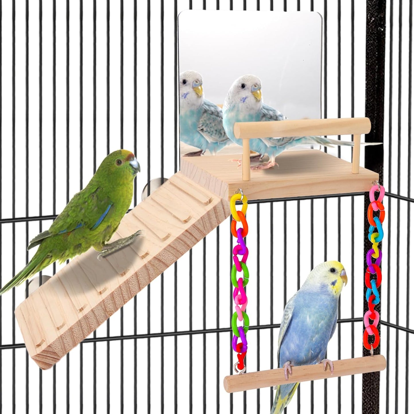 KyoukiBird Perch Platform Bird Toys with Bird Mirror Climbing Ladder Swing, Parakeet Cage Accessories - for Cockatiels, Lovebirds, Budgies,Pacific Parrotlets,Finch,Canaries - Wooden Play Gym