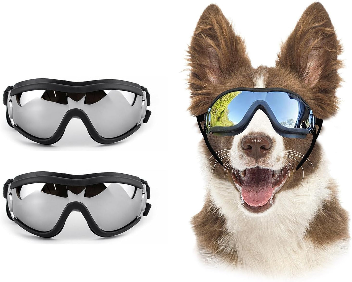 Pack of 2 Dog Goggles Dog Sunglasses for Medium to Large Breed Anti-UV Eye Protection with Adjustable Straps- Silver