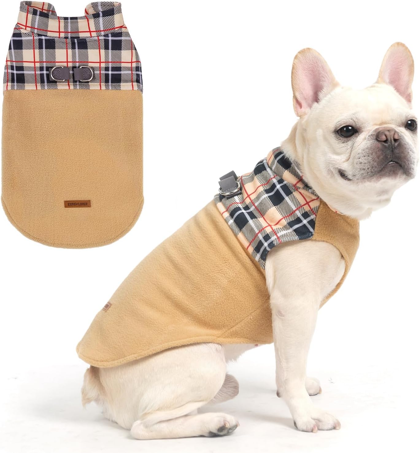EXPAWLORER Fleece Dog Sweater for Small Medium Dogs - Classic Plaid Jacket, Doggie Winter Coat Vest with 2 D-Rings for Leash, Cold Weather Clothes, Pet Apparel,Sweatershirt for Boy or Girls