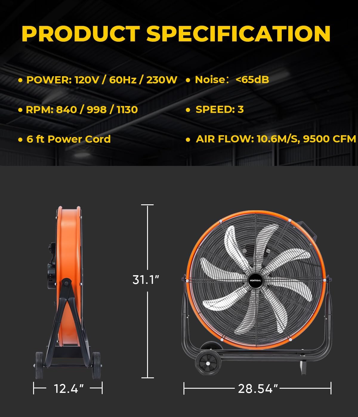 VENTISOL 24 Inch Industrial Floor Drum Fan, 9500 CFM Heavy Duty Floor Fan with 8 Blades, 3-Speed High Velocity Shop Fan, Metal Fans for Warehouse, Patios, Garage