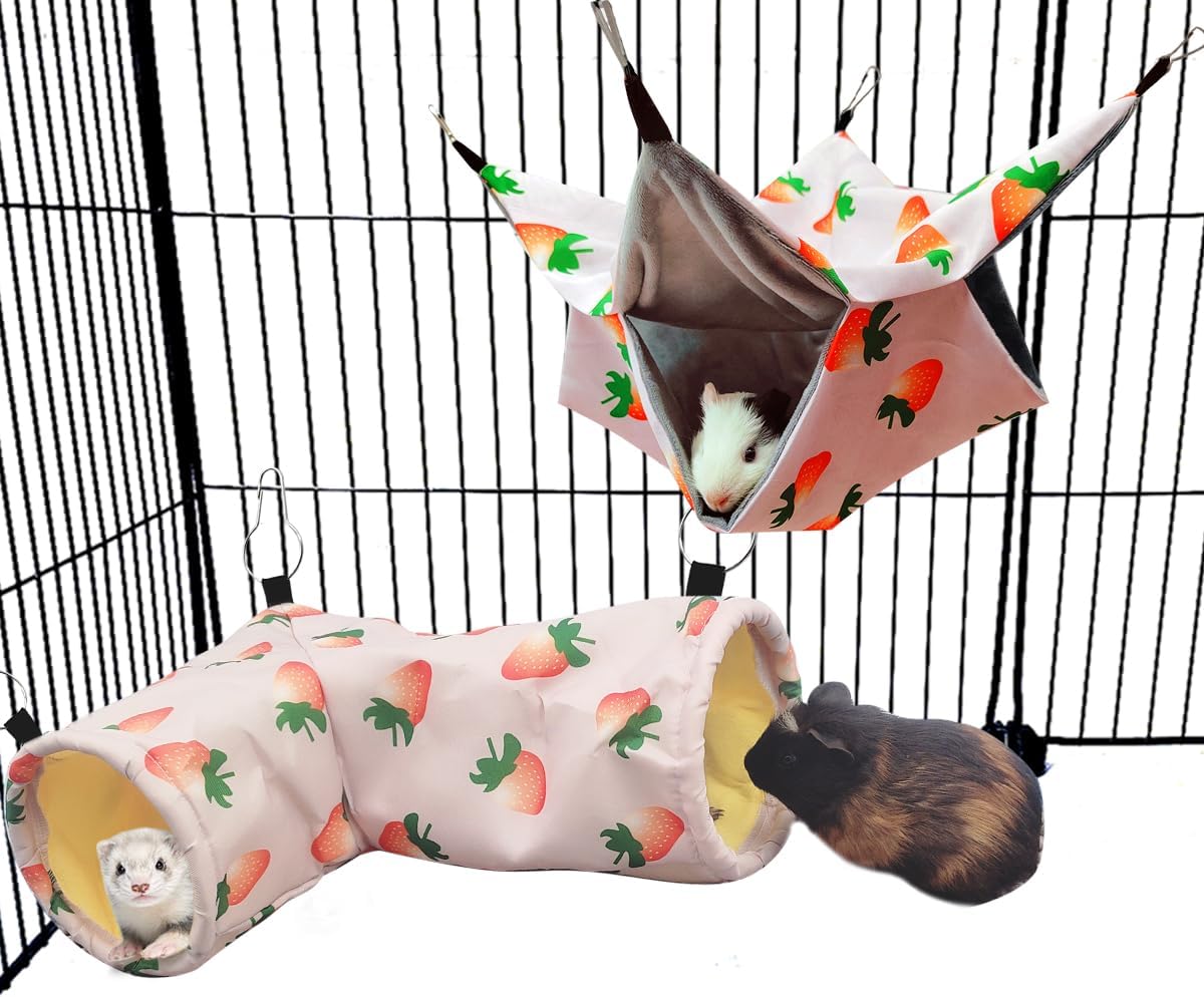 Large Caliber Guinea Pig & Rat Tunnel Hideout & Hammock, Corner Hideout Toy for Guinea Pig, Ferret, Hedgehog & Piggy to Hide and Shuttle (2. Hammock&Tunnel-Strawberry)
