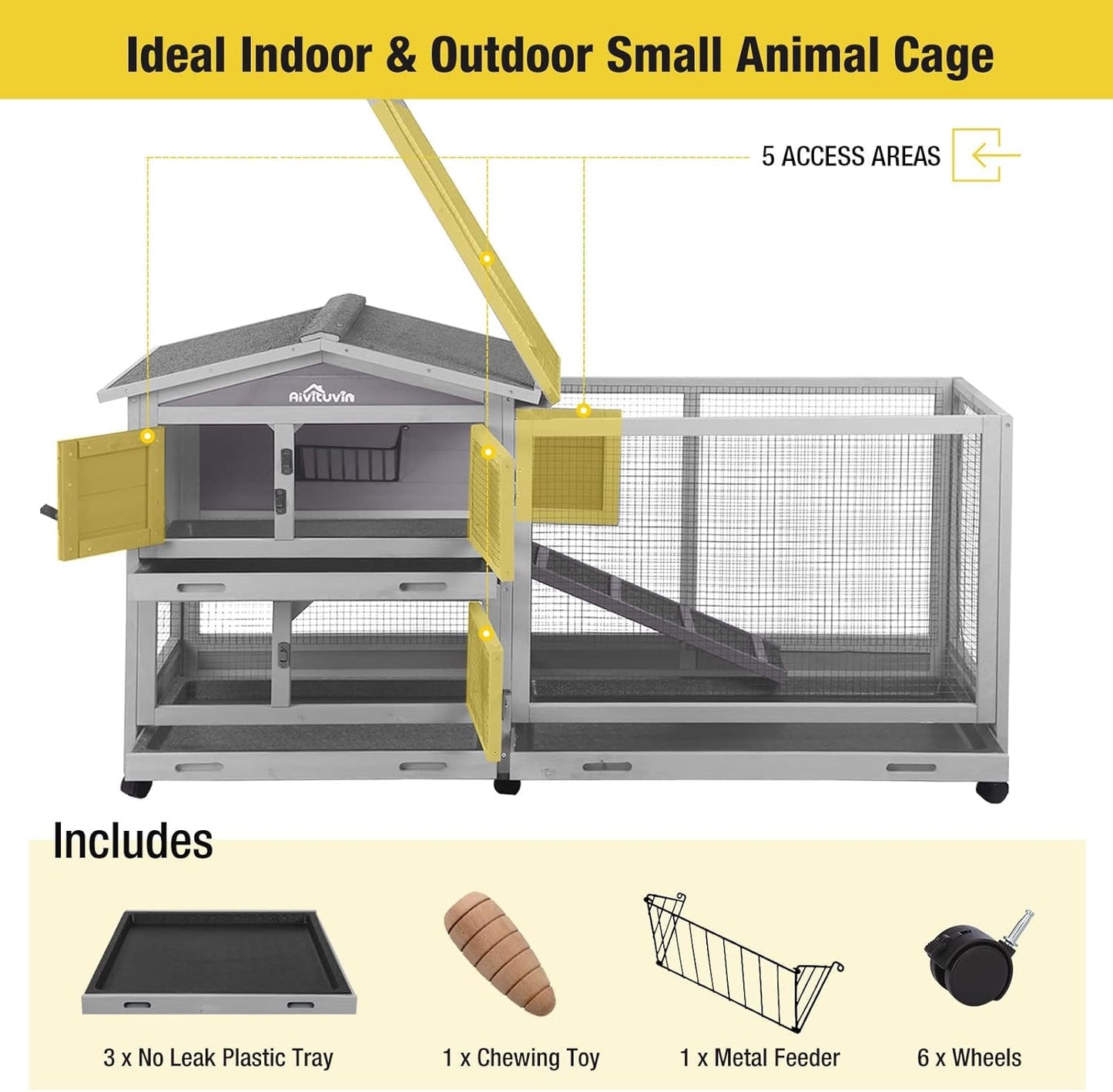 Aivituvin Rabbit Hutch Outdoor Indoor Rabbit Cage Chikcen Coop with Casters Guinea Pig Cage with 3 Deep No Leakage Pull Out Tray,Waterproof Roof