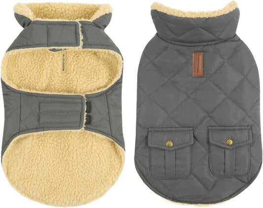 Queenmore Dog Winter Coat - Fleece Jacket, Waterproof Cold Weather Dog Clothes, Thick Warm Cotton Padding, Easy On Storage Pockets (Grey, Small)