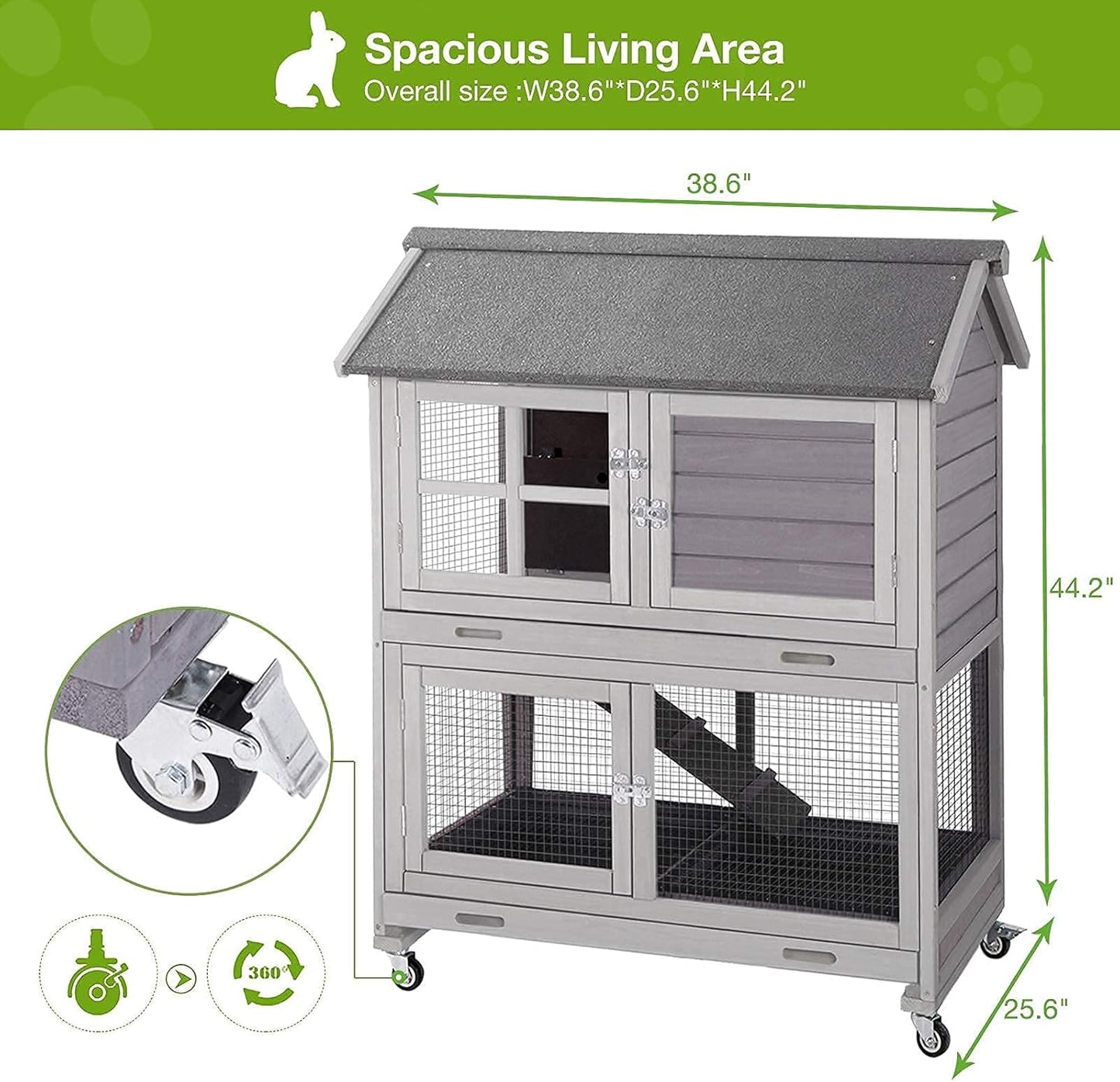 Rabbit Hutch Indoor Outdoor Bunny Cage Rabbit House with Movable Wire Netting, Guinea Pig Habitat On Wheels,Pull Out Leak Proof Tray L38.6 x D25.6 x H44.2