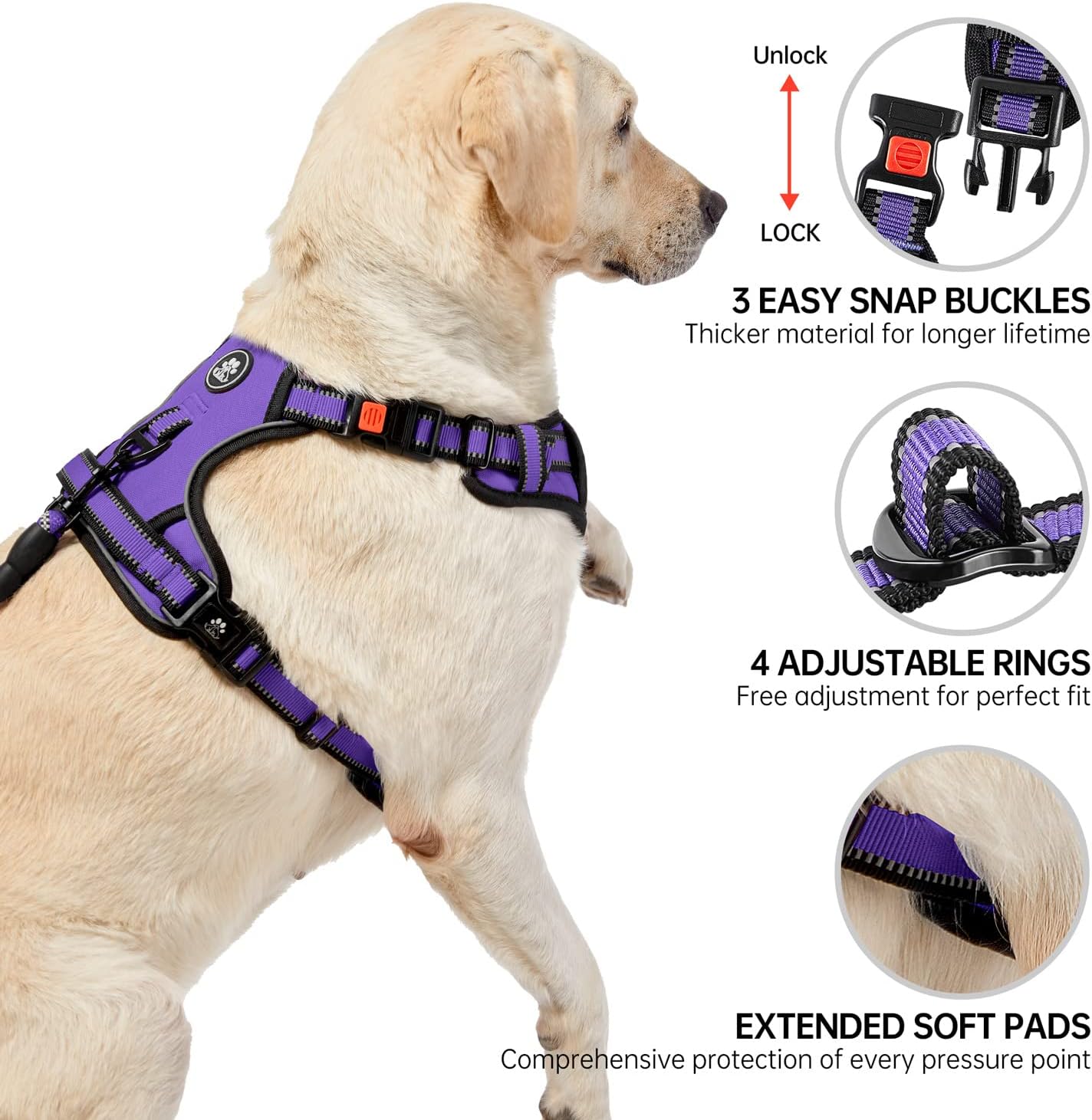NESTROAD No Pull Dog Harness,Adjustable Oxford Dog Vest Harness with Leash,Reflective No-Choke Pet Harness with Easy Control Soft Handle for Large Dogs(Large,Purple)