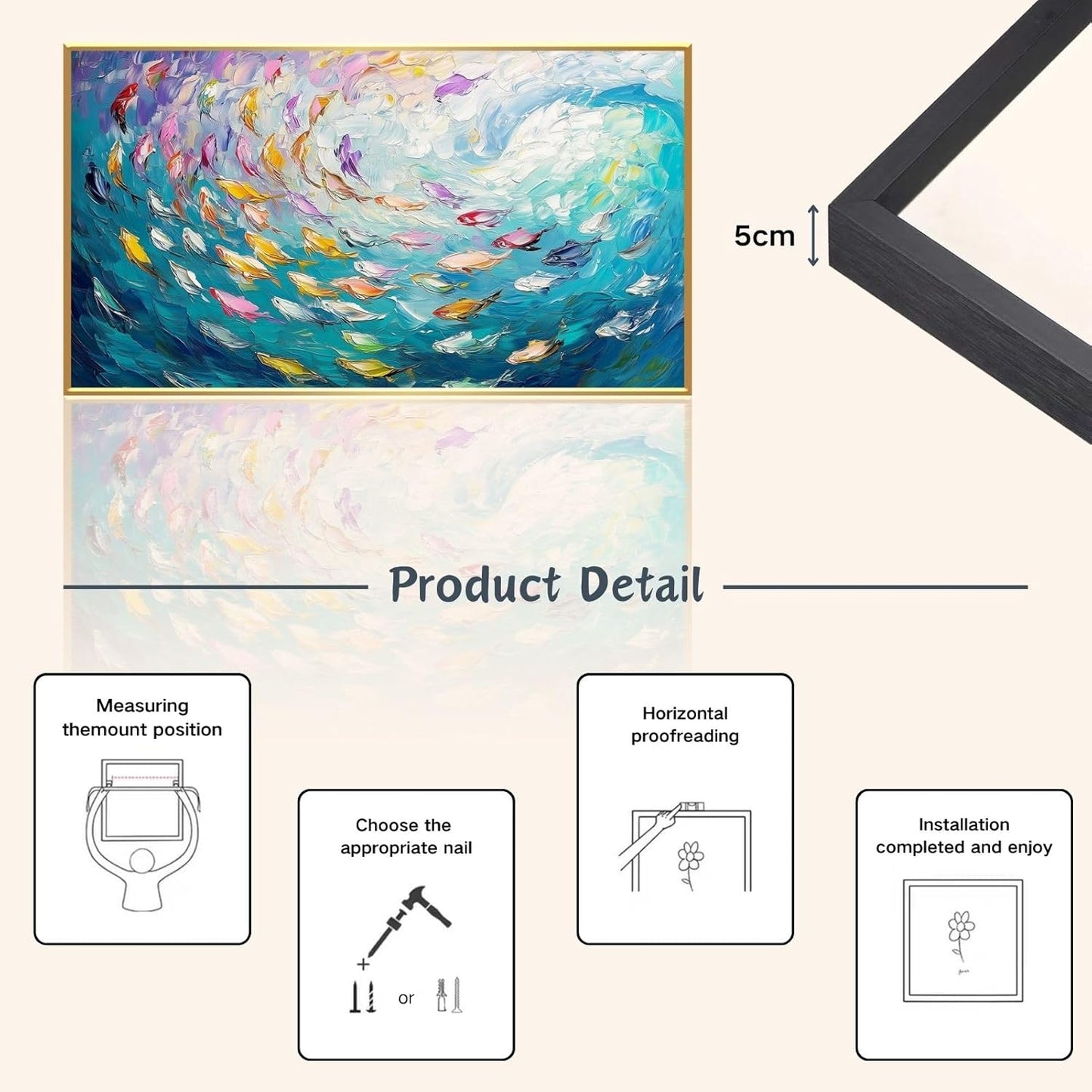 Fish Canvas Wall Art, Abstract School of Fish Canvas Wall Art, School of Fish Painting Canvas, School of Fish Wall Art, Fish Wall Decor, Fish Pictures Wall Decor, Bedroom Canvas Wall Decor (Black Framed, 48"x27" | 122x68cm)