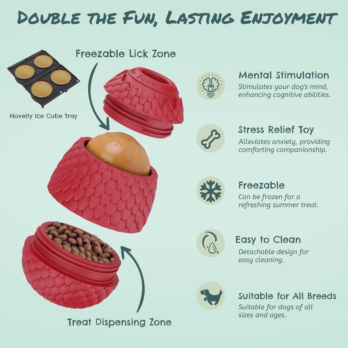 Enrichment Frozen Treat Toy for Dogs - 2-in-1 Dog Licking Toy & Dispensing Dog Puzzle Toy, Fillable Rubber Interactive Toy, Keeps Them Busy, Reduces Anxiety, Safe & Easy to Clean Red