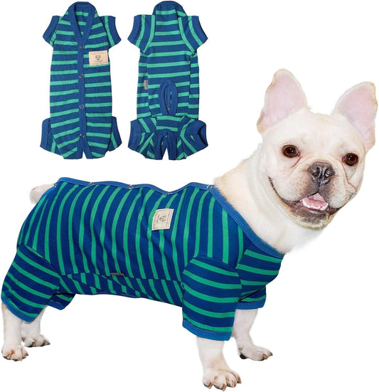 TONY HOBY Dog Pajamas for Female/Male, Dog Jumpsuit with Stripes for Small Medium Dogs, Soft and Comfortable 4 Legged Pajamas Dogs Clothes (Blue&Green, Boy, L)