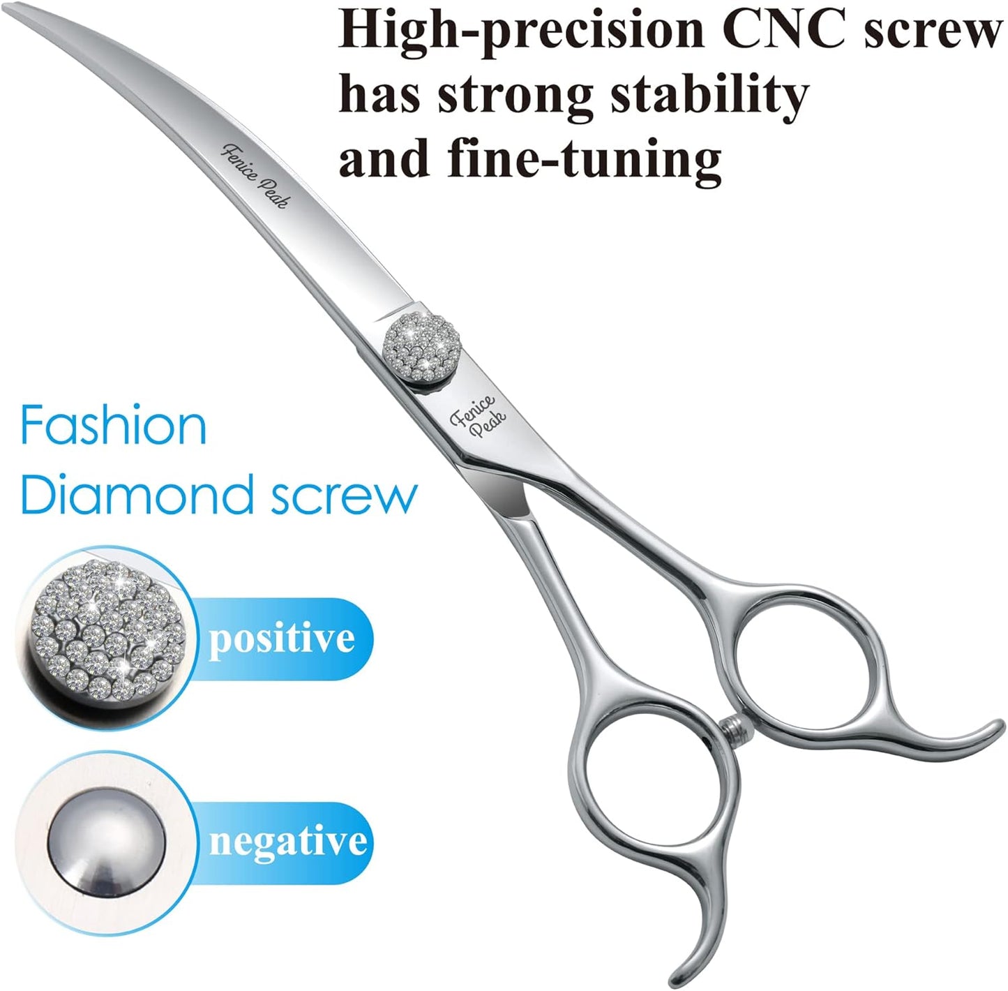 Fenice Peak 7.5‘’ Super Curved Dog Grooming Scissors with Jewelled Screw 440C Stainless Steel Pet Grooming Bending Scissors with Symmetrical Handle for Groomer and Home User