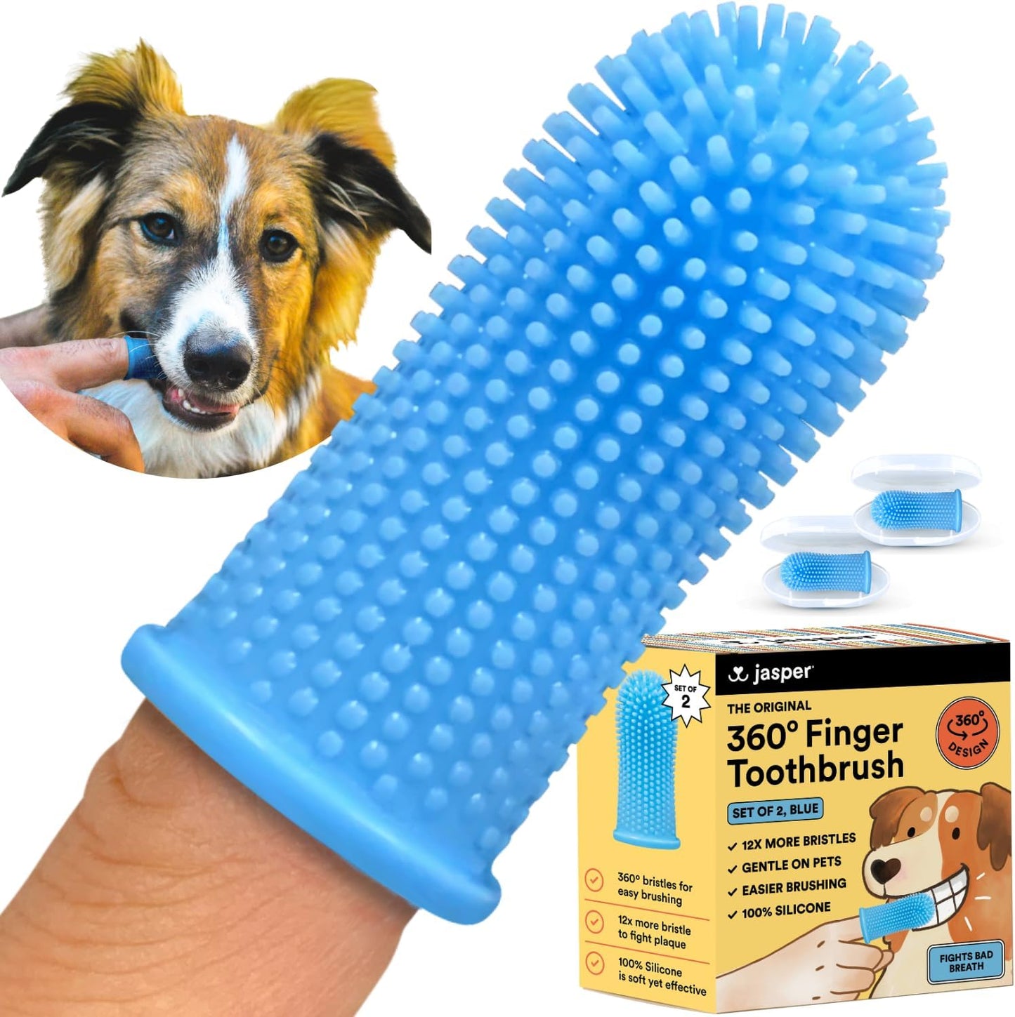 Jasper Dog Toothbrush, 360 Dog Tooth Brushing Kit, Finger Toothbrush, Cat Tooth Brush, Teeth Cleaning, Pet Tooth Brush for Small & Large Pets, Pet Toothpaste Not Included, 2-Pack Blue