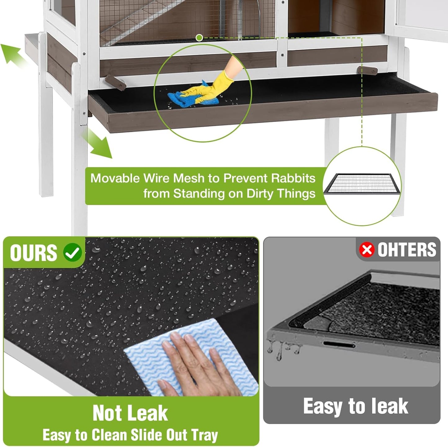 GUTINNEEN Indoor Rabbit Hutch Guinea Pig Cages with Chew-Proof Ramp, 2-Story Wooden Bunny House with Pull-Out Tray & Leakproof PVC Layer, Small Animal Cage with Detachable Legs