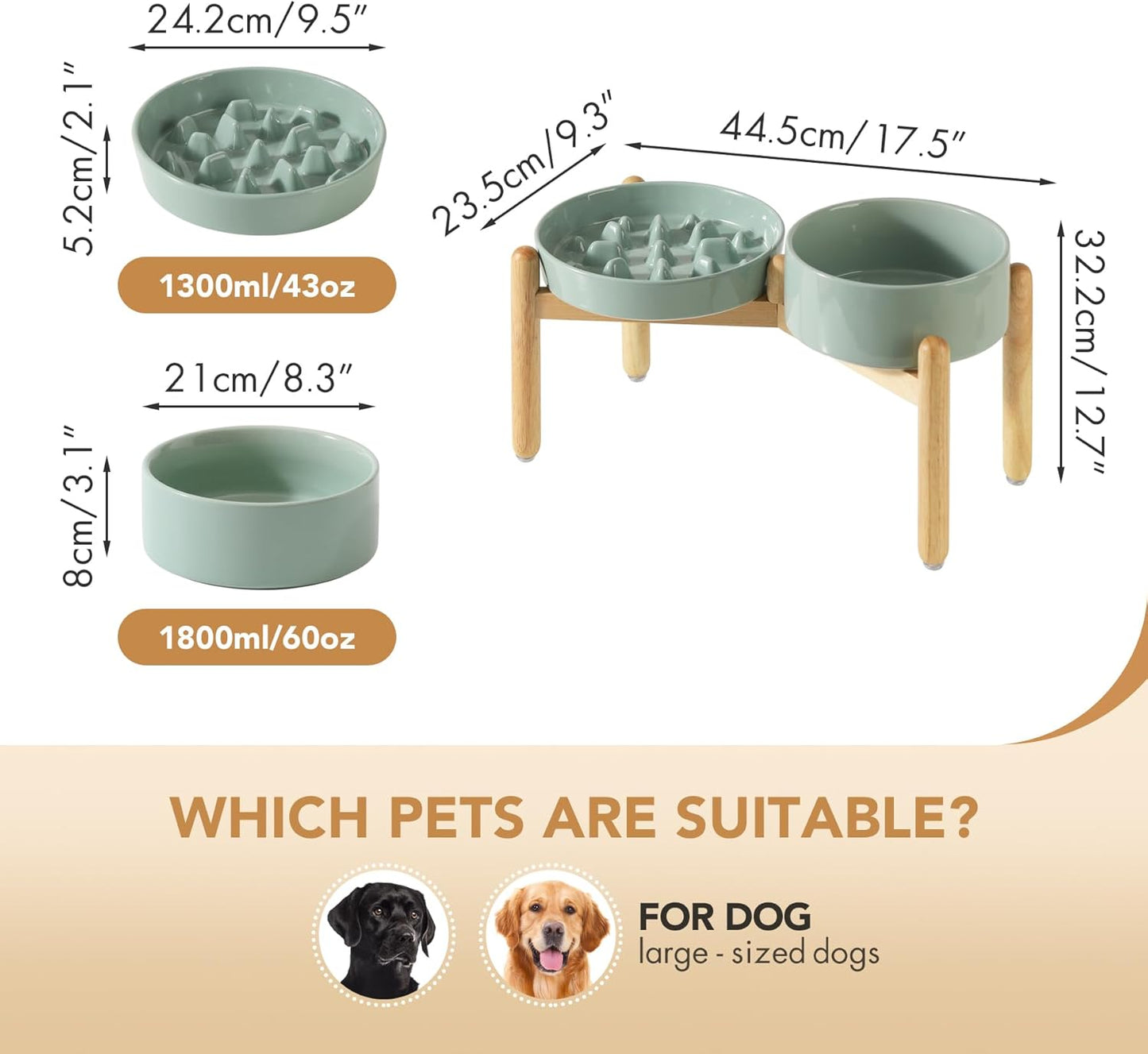 Ceramic Raised Slow Feeder Dog Bowl Set, Elevated 8.2inch Bowl and 9.5inch Slow Pet Food Dish with Wooden Stand for Large Dog (2 x Light Green+ Stand)