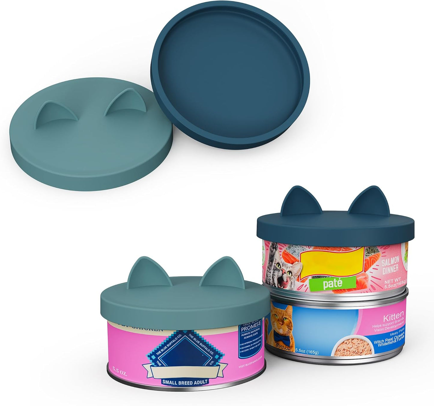 OHMO 2 Pack Pet Food Can Lids, (3.3 in / 85mm) Silicone Pet Food Can Lids Covers for 5.5 oz Cat and Dog Food Cans, Dark&Light Blue
