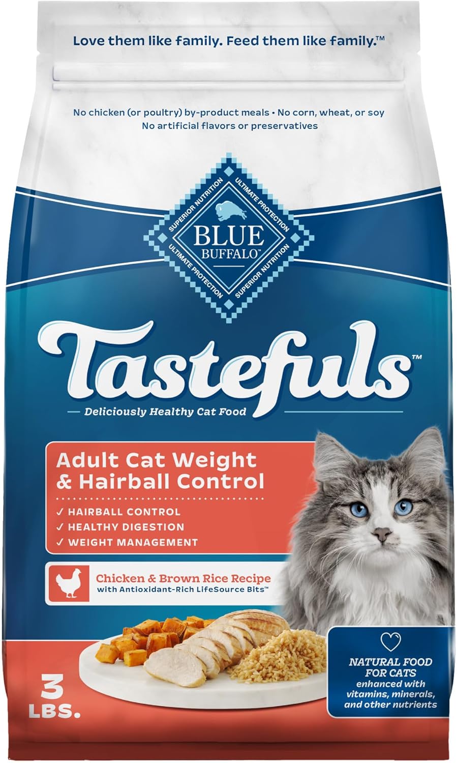 Blue Buffalo Tastefuls Weight & Hairball Control Natural Dry Food for Adult Cats, 3-lb. Bag