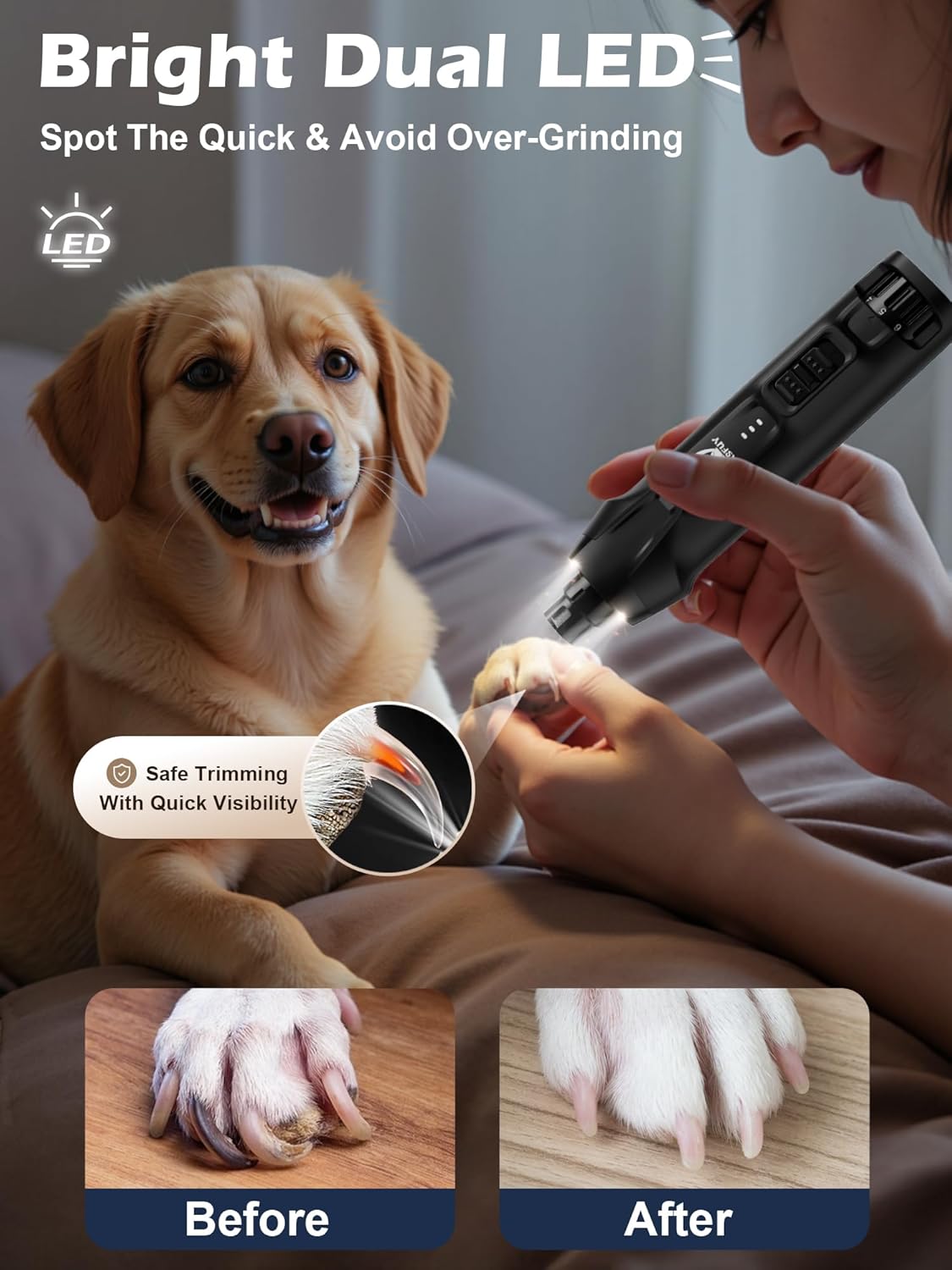 Casfuy 6-Speed Dog Nail Grinder – 50%+ Boost Power Dog Nail Trimmers Quiet with Dust Cap & 2 LED Lights & 2000mAh Battery & 4.8V Motor Electric Pet Toenail File Tool for Large Medium Small Dogs Cats
