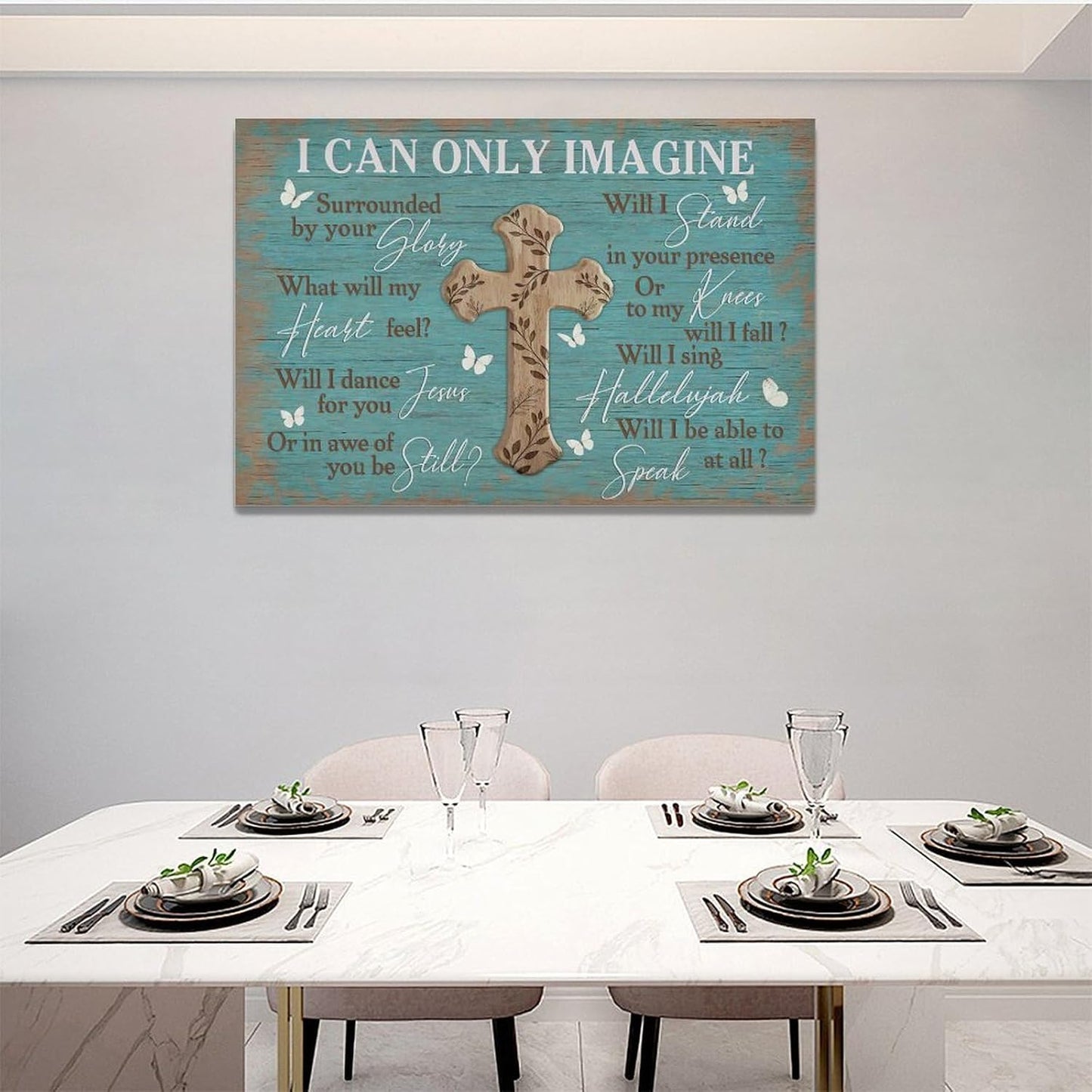 Rustic Christian Cross Wall Art I Can Only Imagine Pictures Farmhouse Butterfly Wall Decor Teal Motivational Canvas Print Painting Artwork for Bathroom Living Room Bedroom 16"x24"