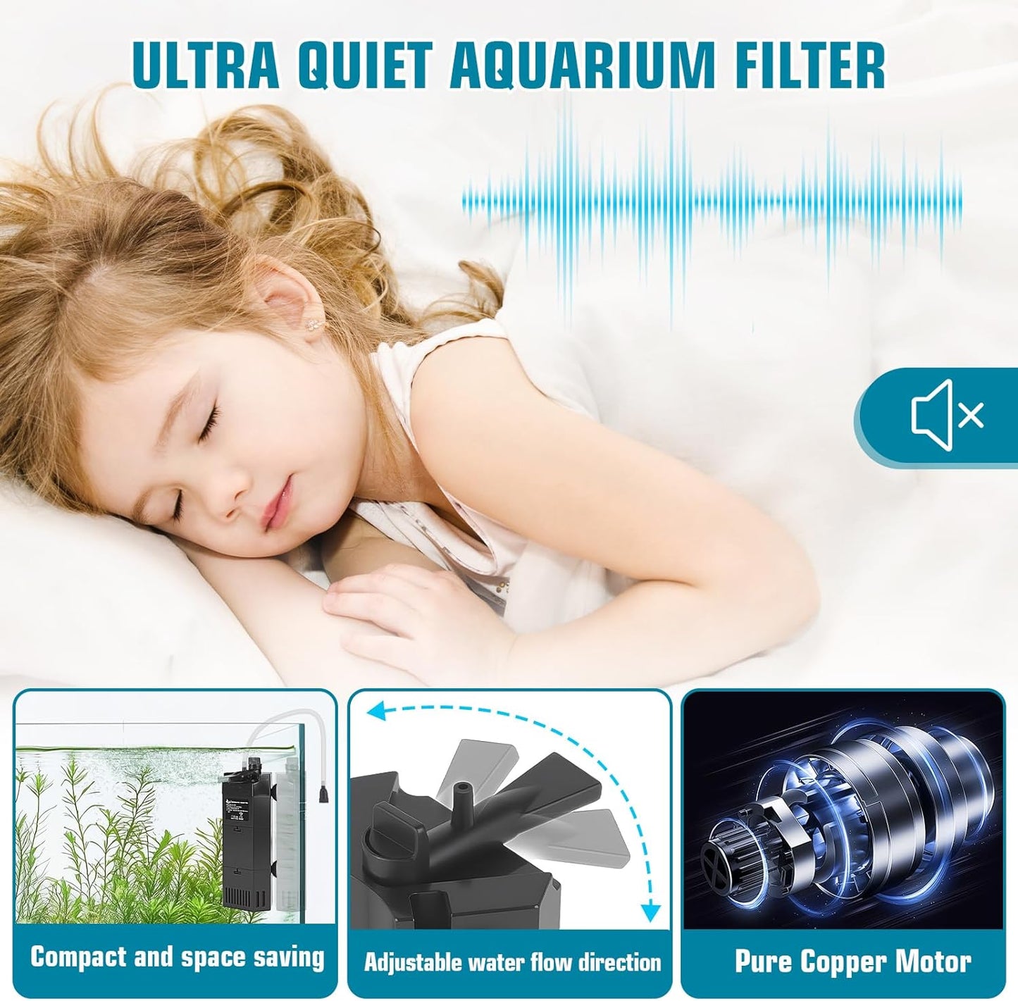 AQQA Aquarium Filter for 30-80 Gallon Fish Tank Powerful Submersible Pumps & Filters with Bio Filtration for Crystal Clear Tank (5W,135GPH)