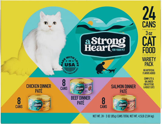 A Strong Heart Canned Wet Cat Food, Chicken, Beef and Salmon Variety Pack - 3 oz Cans (Pack of 24), Made in The USA with Real Chicken, Beef and Salmon