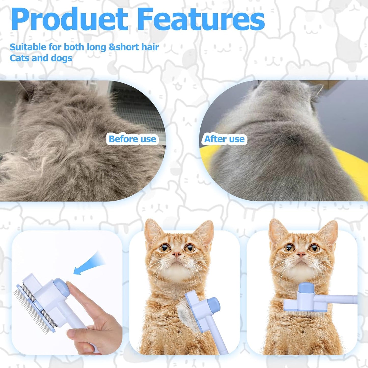 Zen Brush for Cats: Cat Flea Comb & Dematting Comb for Cats - Self-Cleaning Pet Hair Removal Tool with Long & Short Stainless Steel Teeth, Blue Pink