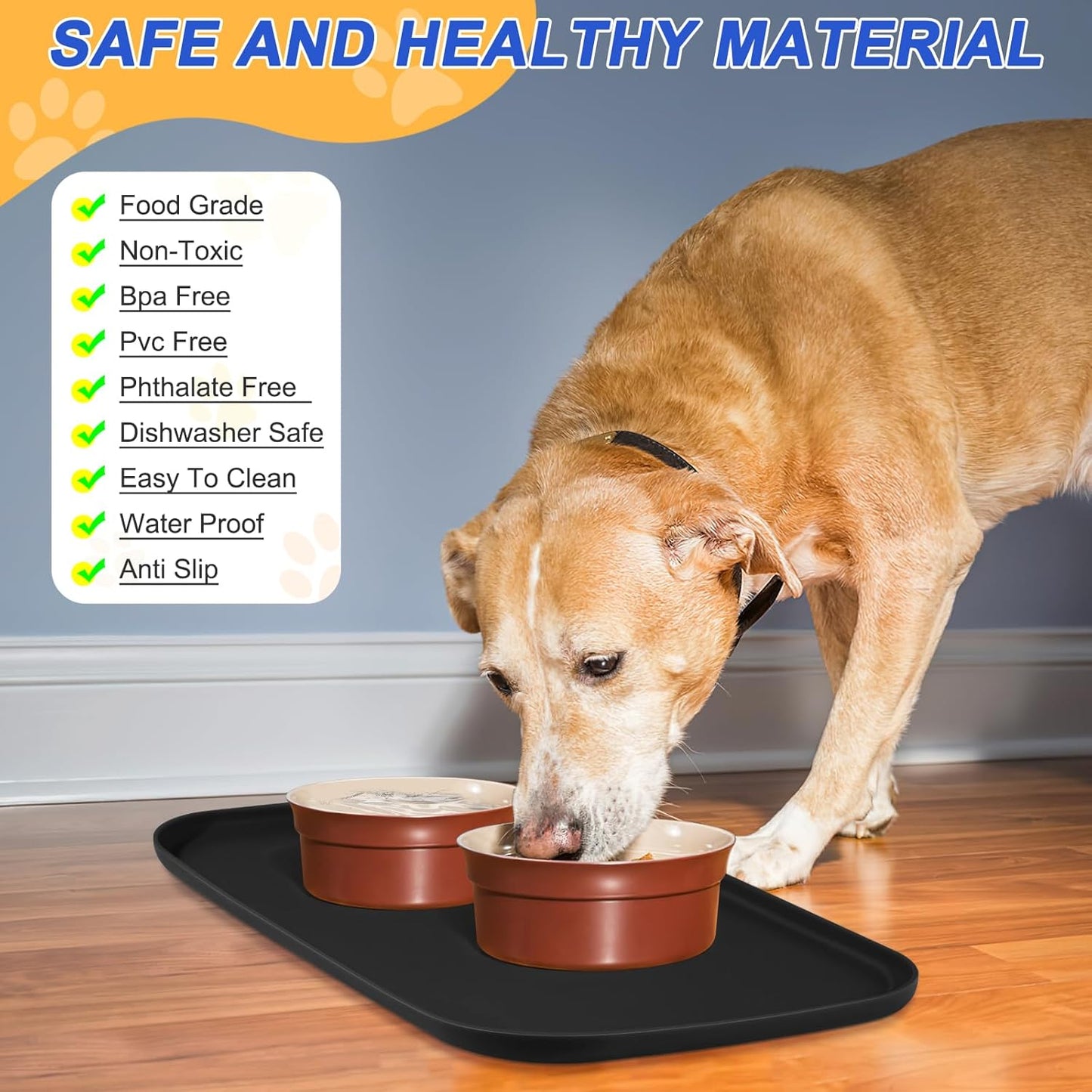 Silicone Pet Feeding Mat with Raised Edge for Food and Water, Dog Bowl Mats, Cat Bowls Placemat with High Lip for Floor Waterproof, Rubber Tray for Cats and Dogs 22 x 14 x0.8 Black