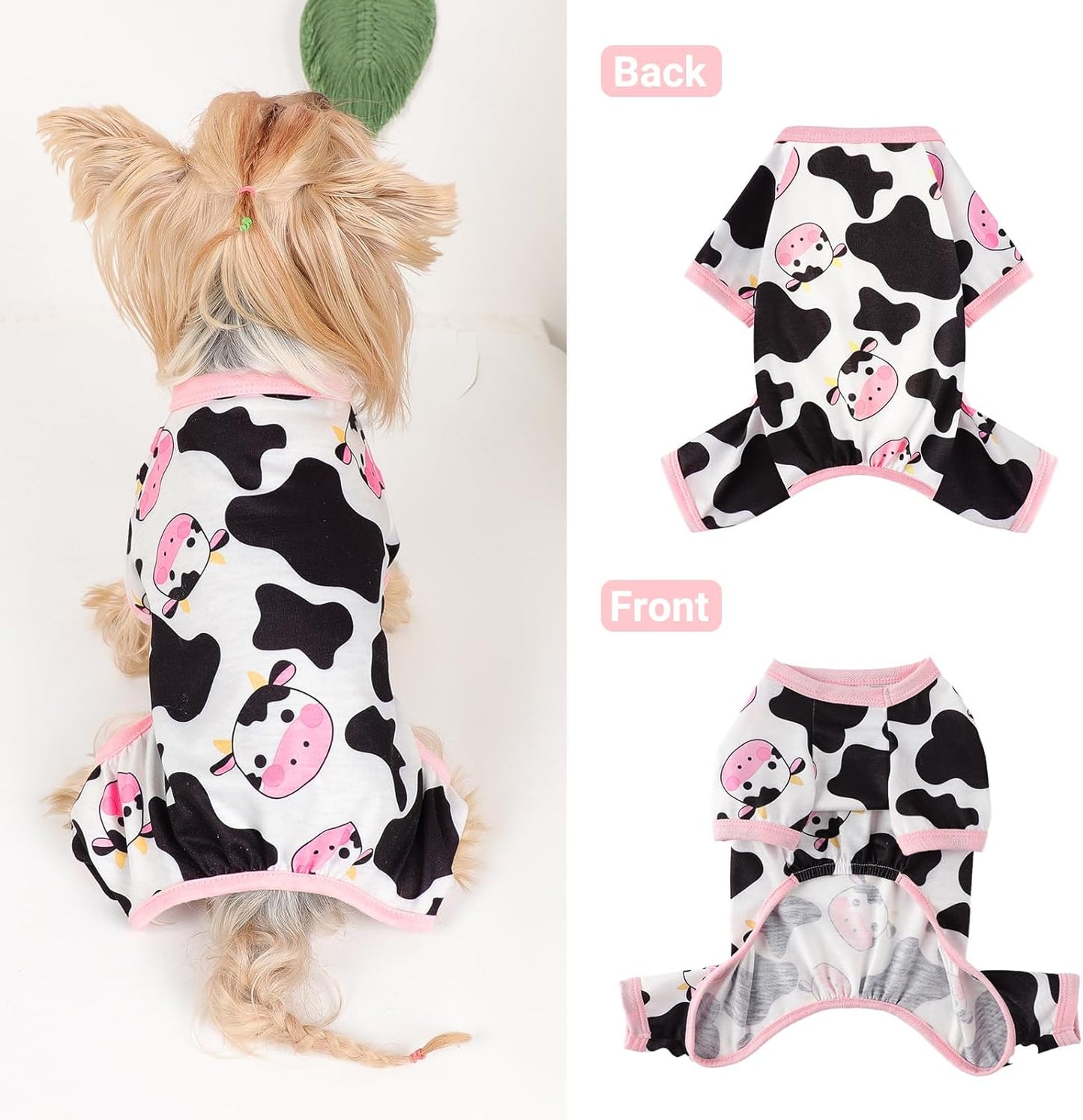 Dog Pajamas Small Sized Dogs Stretchable Summer Dog Clothes Pjs 4 Legs Girl Boy Cute Soft Puppy Outfits Doggie Cat Jammies Jumpsuit Sleeper for Pet, Pink Cow, S