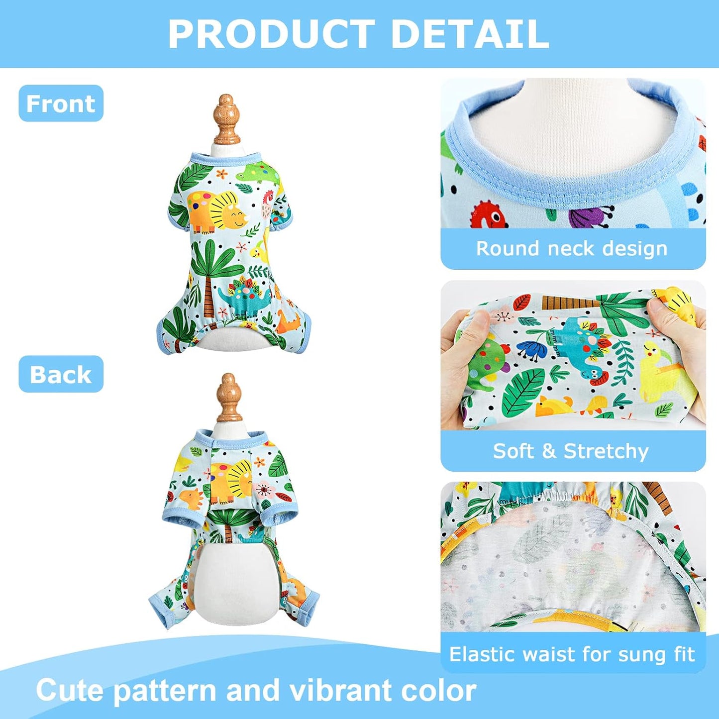Dog Pajamas Pjs Spring Summer Dog Clothes for Small Dogs Girl - Boy - Medium Size Dogs, Soft Stretchy Puppy Clothes Doggie Onesies Cat Pet Jammies Outfit (Dinosaur Blue, Large)