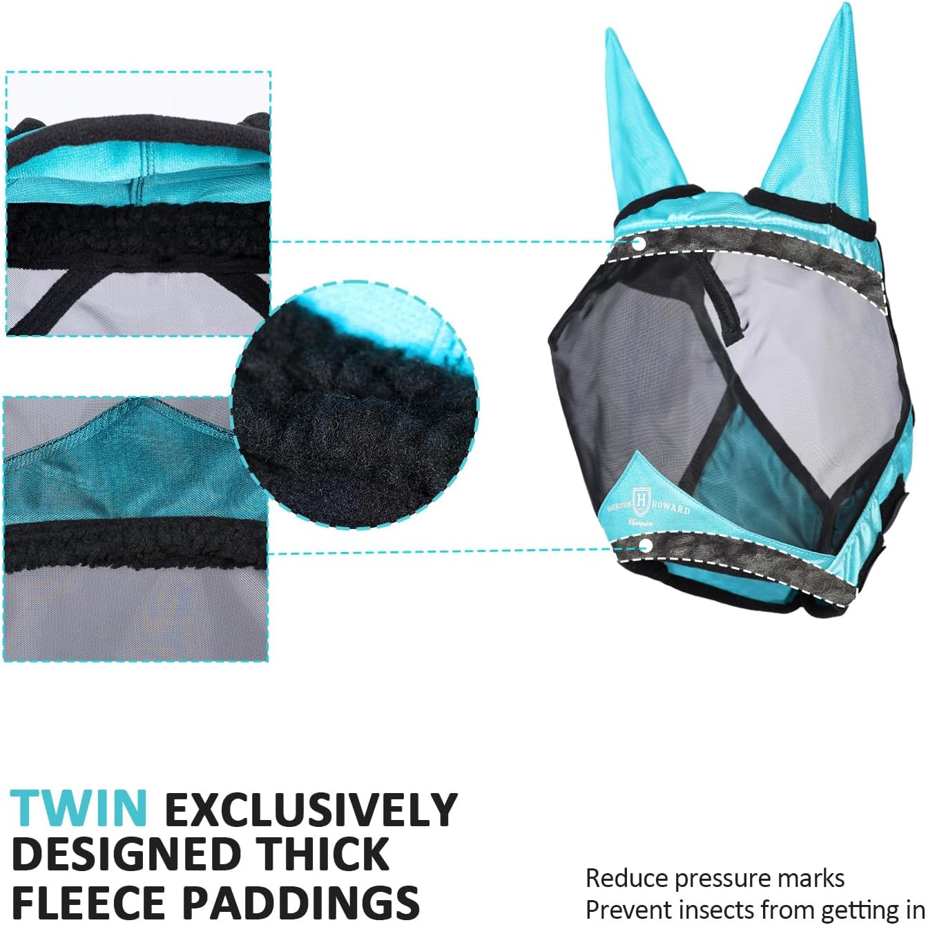 Harrison Howard Pro Luminous Horse Half Face Fly Mask Large Eye Space with Ears UV Protection for Horse Teal M