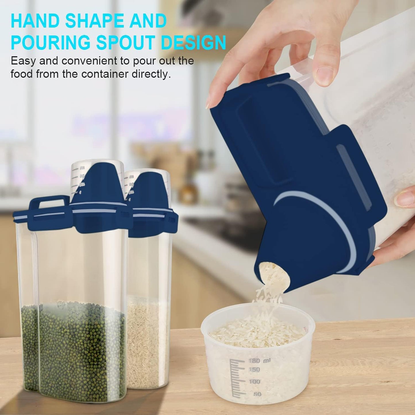 Rice Airtight Dry Food Storage Containers, BPA Free Plastic Storage Bin Dispenser with Pourable Spout, Measuring cup for Cereal, Flour and Baking Supplies Blue